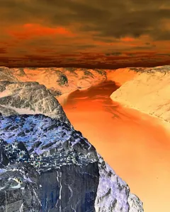 Sample photo of a fjord transformed with e_negate